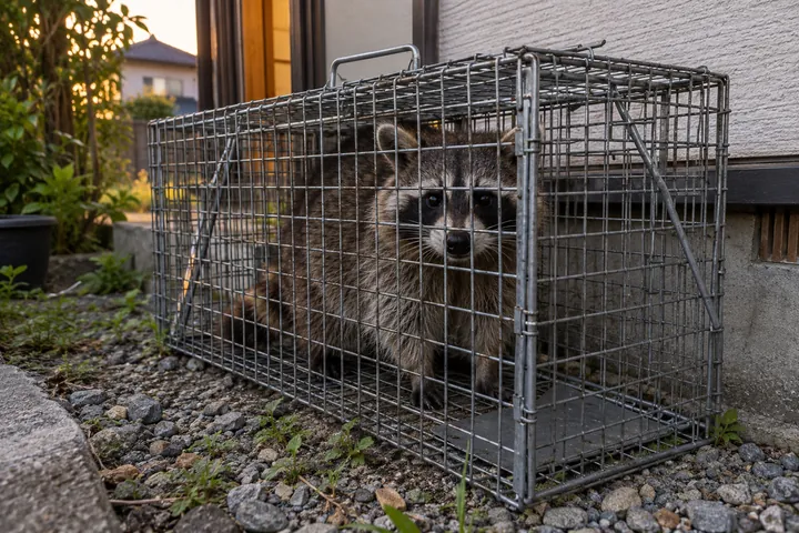 捕獲器で捕まえたアライグマ
